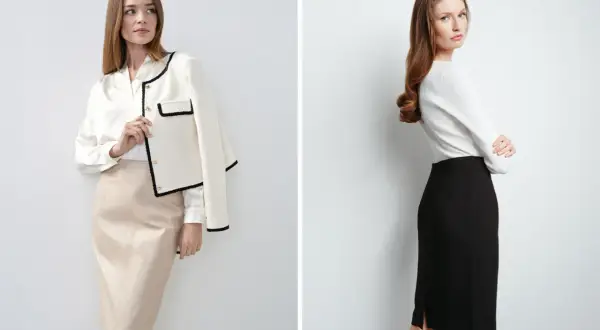 Dwie kobiety prezentują eleganckie stylizacje ze spódnicą ołówkową. Jedna w beżowej, druga w czarnej.