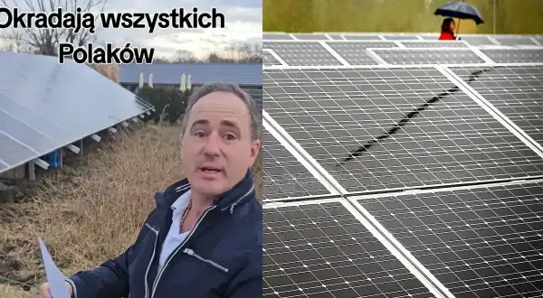 Mężczyzna z dokumentem obok paneli fotowoltaicznych. Czy to jest odpowiedź na pytanie, ile Tauron płaci za prąd z fotowoltaiki?