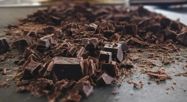 Mélange de morceaux et de copeaux de chocolat noir, prêt pour apprendre comment faire fondre du chocolat.