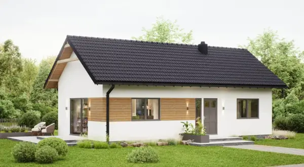 Nowoczesny dom 70m2 pod klucz, z drewnianymi elementami i dużymi oknami. Idealny dla rodziny, koszt budowy przystępny.