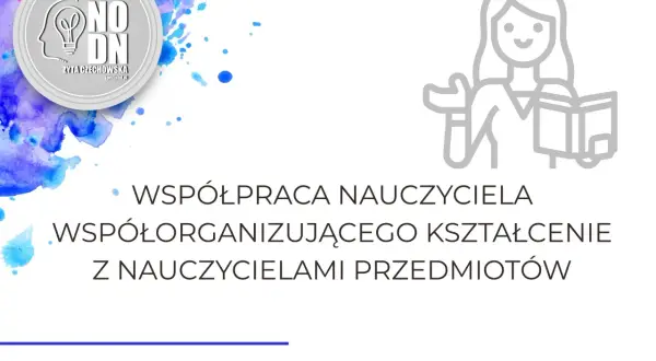 Grafika z logo, ikoną nauczycielki z książką i tekstem o współpracy nauczycieli.