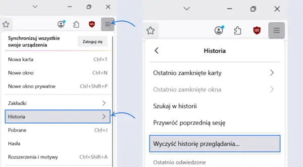 Menu przeglądarki pokazuje, jak wyczyścić pamięć podręczną, wybierając "Historia", a następnie "Wyczyść historię przeglądania...".