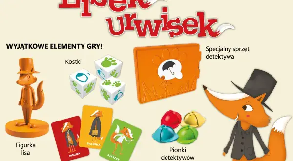 Figurka lisa, kostki, karty lisów, pionki detektywów i specjalny sprzęt detektywa.
