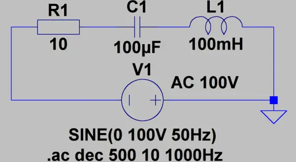 RLC-Schaltkreis mit 10 Ohm, 100µF, 100mH und AC-Quelle. Simulation der thomsonsche schwingungsgleichung.