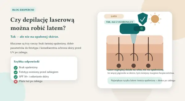 Depilacja laserowa latem jest możliwa, ale wymaga ochrony przed słońcem. Laser działa na włos, nie na opaleniznę.