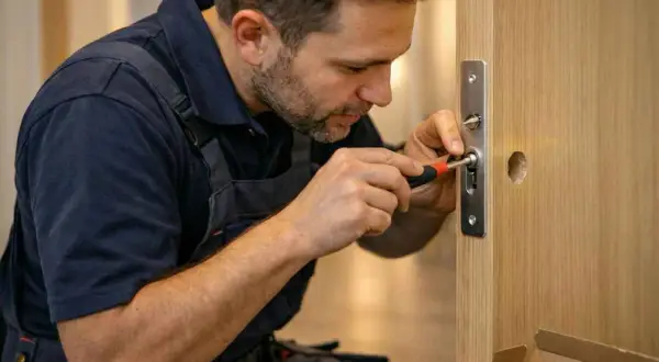 Un serrurier concentré utilise un tournevis pour changer la serrure d'une porte en bois.