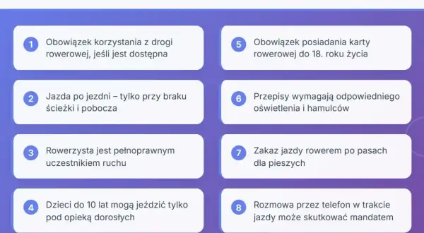 Najważniejsze przepisy ruchu drogowego dla rowerzystów: obowiązek korzystania z drogi rowerowej, jazda po jezdni tylko przy braku ścieżki, rowerzysta to pełnoprawny uczestnik ruchu.