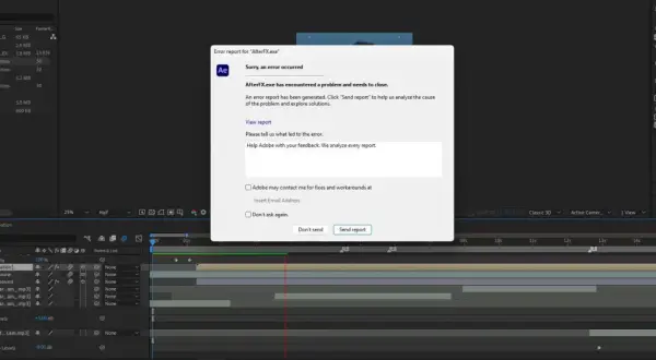 After Effects keeps crashing. An error report window is open, showing "Sorry, an error occurred.