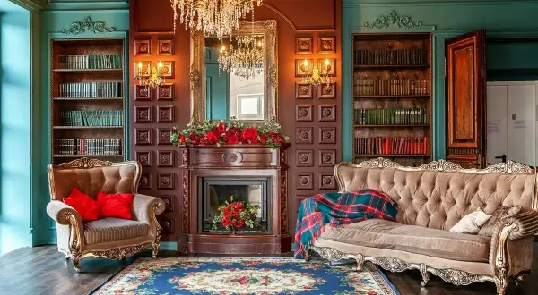 Elegancki salon w stylu wiktoriańskim: kominek, kanapa, fotel, regały z książkami i kryształowy żyrandol tworzą przytulną atmosferę.