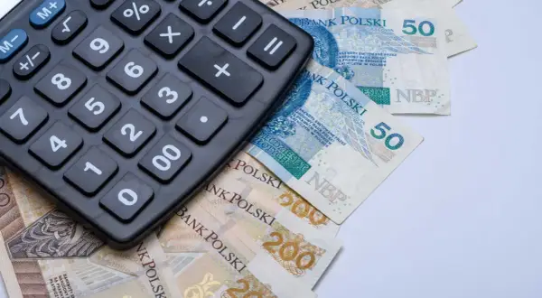 Kalkulator leżący na polskich banknotach 50 zł i 200 zł.