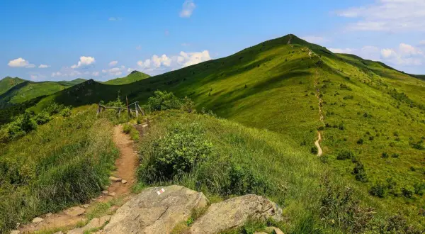 Bieszczady w 3 dni: szlak na połoninę, zielone wzgórza i błękitne niebo. Idealne miejsce na wędrówkę.