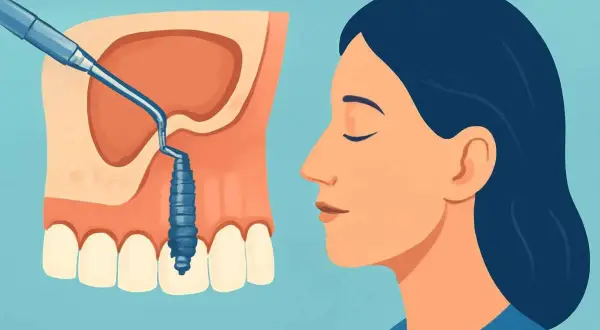 Ilustracja przedstawia zabieg sinus lift. Widoczny jest fragment szczęki z implantem i narzędziem dentystycznym, obok profil kobiety.