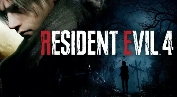 Leon Kennedy w mrocznym lesie. Obok tytuł gry Resident Evil 4, który może być częścią poradnika.