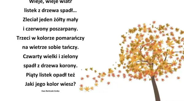Wiersze o listopadzie: wiatr porwał liście z drzewa, tańczące w powietrzu w jesiennych barwach.