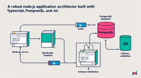 Architecture d'une application Node.js robuste avec TypeScript, PostgreSQL et Joi. Le serveur Node.js utilise TypeScript pour les modules et la validation de schéma.