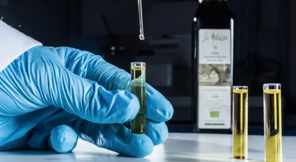 Analisi in laboratorio per verificare i perossidi nell'olio extravergine di oliva. Goccia di olio cade da pipetta in provetta tenuta da mano con guanto blu.