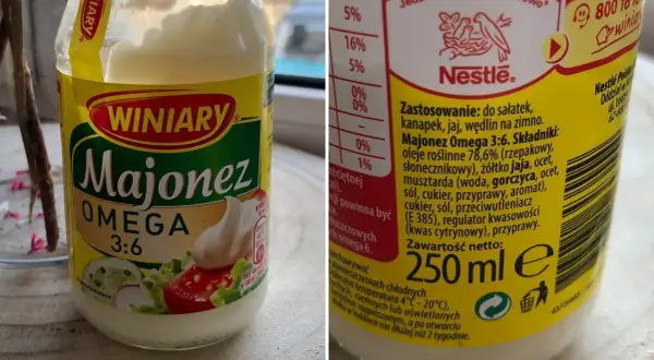 Słoik majonezu Winiary Omega 3:6, idealny do kanapek i sałatek.