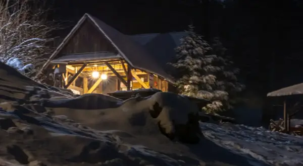 Zimowa noc. Oświetlona chata pod potrójną, otoczona śniegiem i drzewami.