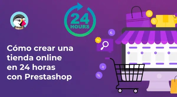 Ilustración para crear tienda online con Prestashop en 24 horas. Carrito de compras, pantalla de ordenador con productos y bolsas.