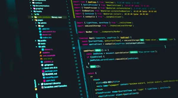 Kod w języku **javascript** w edytorze kodu. Widoczne importy, funkcje i elementy JSX, typowe dla tworzenia aplikacji webowych.