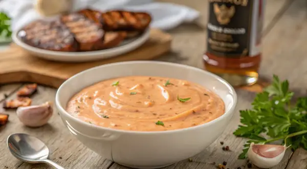 Cremige griechische Metaxasauce in einer Schüssel, daneben gegrilltes Fleisch, Knoblauch und Petersilie.