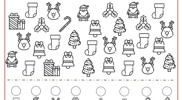 Fichas de Navidad para imprimir: busca, rodea y cuenta renos, Papá Noel, calcetines, campanas, árboles, regalos y bastones de caramelo.