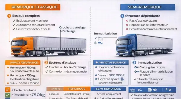 Comparaison visuelle entre une remorque classique et une semi-remorque, illustrant les différences pour conduire avec une remorque.