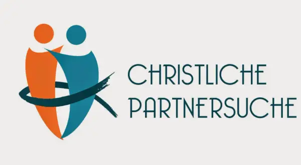 Zwei stilisierte Figuren, die sich umarmen, mit dem Text "Christliche Partnersuche". Eine App, die Christen bei der Partnersuche hilft.