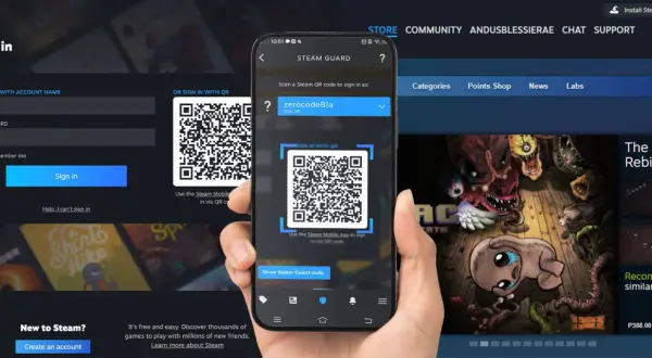 Ekran logowania Steam z kodem QR na telefonie i opcją logowania przez konto.