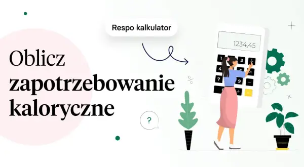Oblicz zapotrzebowanie kaloryczne dla mężczyzny z Respo kalkulatorem. Grafika przedstawia kobietę korzystającą z kalkulatora.
