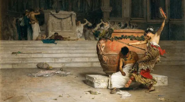 Scène dionysiaque : une femme en tenue de panthère, tambourin à la main, semble réveiller un homme endormi, peut-être la nourrice de Dionysos.