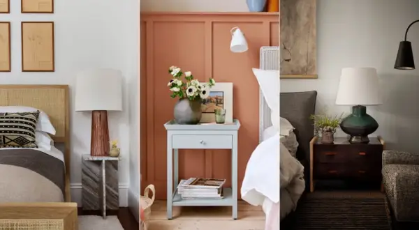 Three stylish nightstand ideas: a marble table with a copper lamp, a pale blue table with flowers, and a dark wood dresser with a green lamp.
