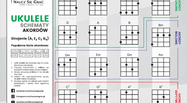 Schematy akordów do ukulele: C, D, E, F, G, A, B, Bm, Dm, Em, Gm, Am, C7, G7, A7, B7. Instrukcja strojenia i bicia.