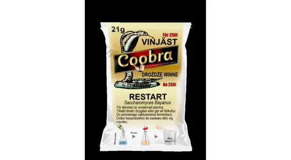 Opakowanie drożdży Coobra Restart Saccharomyces Bayanus, 21g, na 25 litrów nastawu. Idealne, gdy zastanawiasz się, ile drożdży do wina użyć.