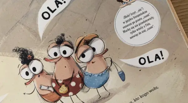 Ilustracja z książki logopedycznej dla 3 latka. Zabawne stworki mówią "OLA!", ucząc się przywitań.