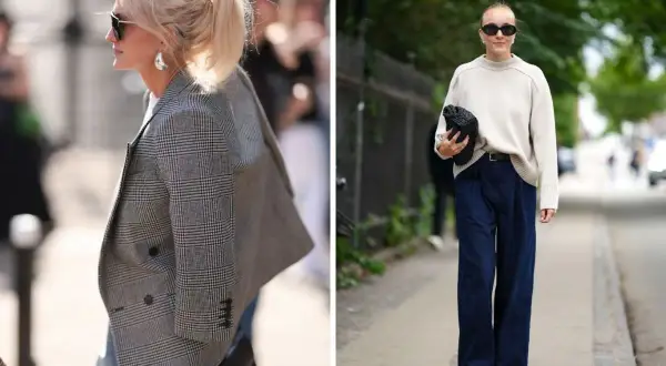 Eleganckie stylizacje z jeansami: kraciasty żakiet i szerokie spodnie.