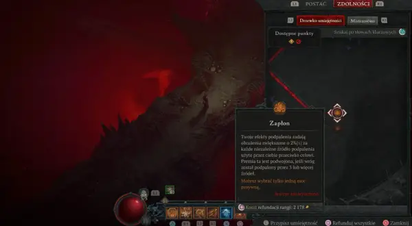 Diablo 2 czarodziejka build: drzewko umiejętności z pasywną mocą "Zapłon", zwiększającą obrażenia od podpalenia.