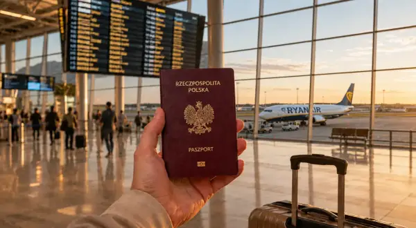 Paszport w dłoni, samolot Ryanair na płycie lotniska. Czy na Maltę trzeba mieć paszport? Tak, dla obywateli spoza UE.