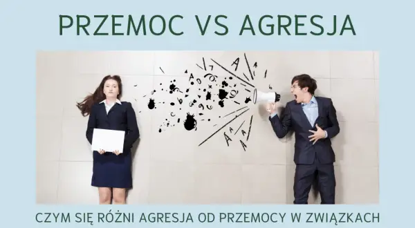 Mężczyzna krzyczy przez megafon, a kobieta leży na ziemi z pustą kartką. Obraz ilustruje przemoc vs agresja, pokazując ich definicję w relacjach.