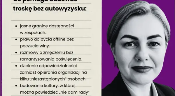 Kobieta z kolczykiem w nosie, obok lista o budowaniu troski bez autowyzysku, podkreślająca dzielenie odpowiedzialności.