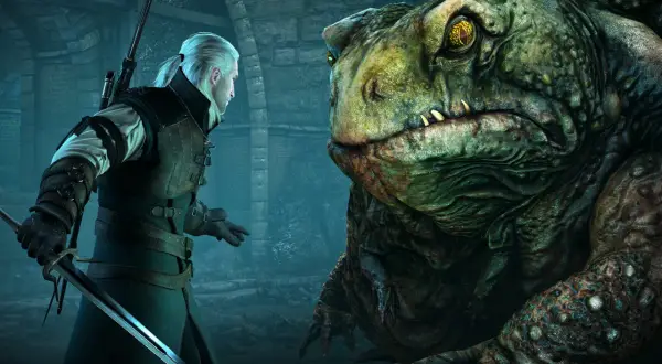 Geralt staje naprzeciw potwora, którego serce z kamienia zakończenia budzą grozę.