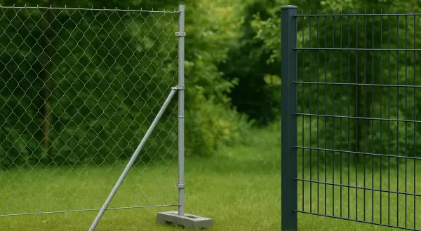 Tymczasowe ogrodzenie działki z siatki drucianej i paneli metalowych, otoczone zielenią.