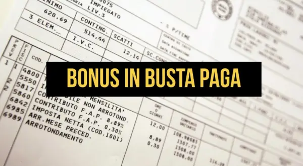Busta paga con la scritta "BONUS IN BUSTA PAGA". Un promemoria che il 4 novembre è festività non goduta.