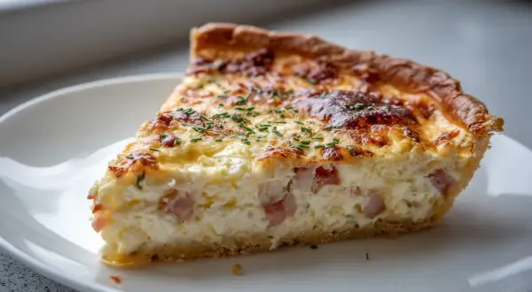En saftig ost och skinkpaj med gyllene skorpa och färska örter. Perfekt för en mysig fika.