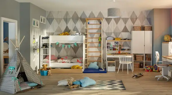 Przytulny kącik dla dziecka w salonie: łóżko piętrowe, namiot tipi, biurko i mnóstwo zabawek.