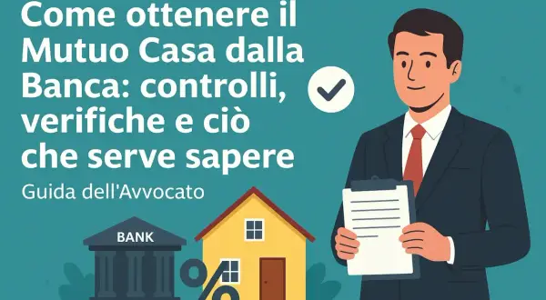 Uomo in giacca e cravatta con appunti, banca, casa e simbolo percentuale: guida alla fattibilità mutuo.