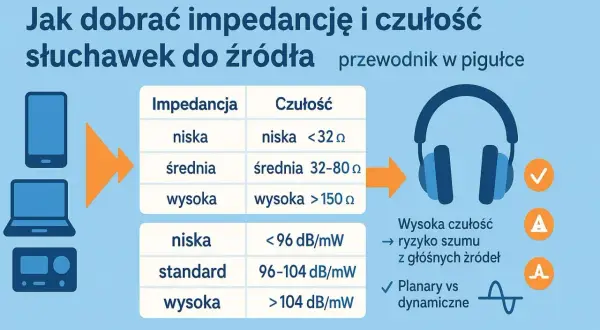 Tabela porównuje impedancję i czułość słuchawek do różnych źródeł dźwięku, pomagając dobrać optymalne połączenie.