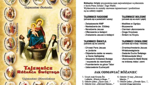 Wizualizacja wszystkich tajemnic różańca: radosnych, bolesnych, chwalebnych i światła. Centralnie Matka Boża z Dzieciątkiem.