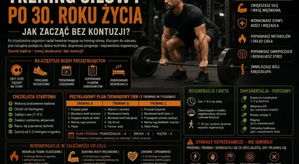 Mężczyzna podnosi sztangę, prezentując przykłady treningu siłowego. Informacje o planach treningowych, regeneracji i suplementacji.