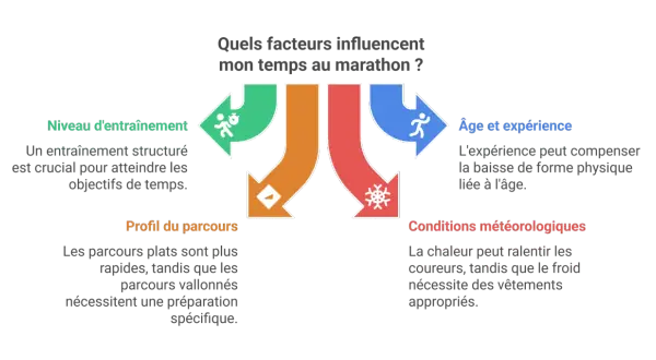 Facteurs influençant le temps moyen marathon : entraînement, parcours, âge/expérience, météo.